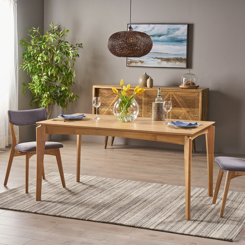 Table de salle à manger, bois d'hévéa avec placage de noyer, finition Mid-Century, chêne naturel
