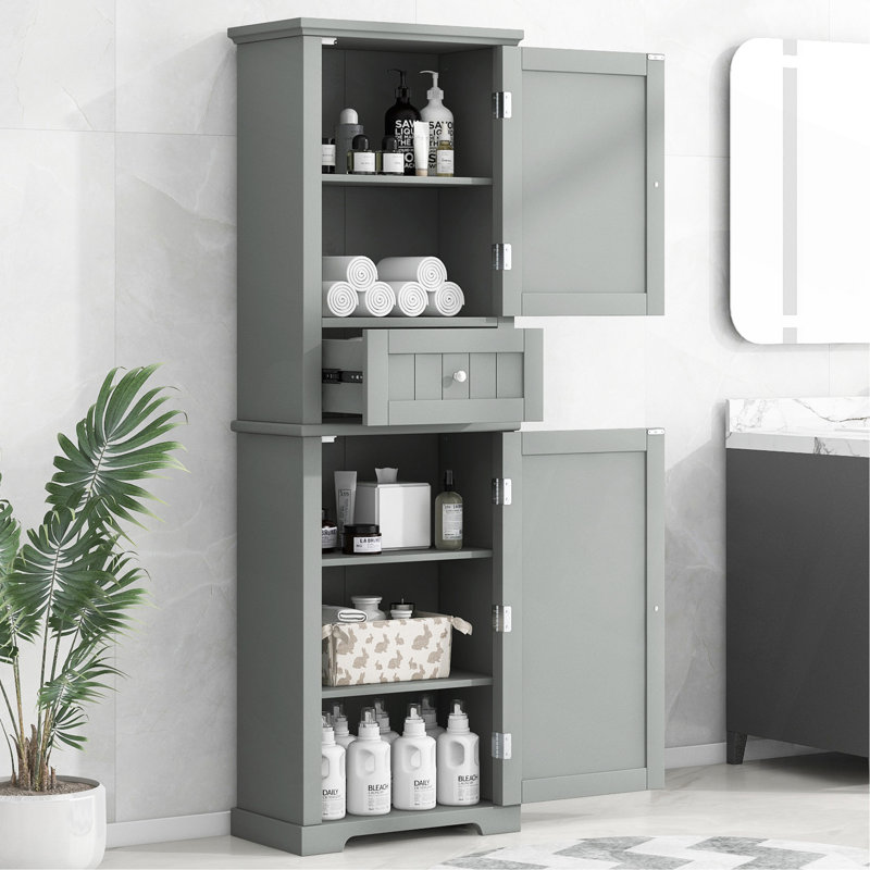 Grande armoire de rangement pour salle de bain, armoire de rangement autoportante avec tiroir et tablette réglable, panneau de fibres à densité moyenne avec finition peinte