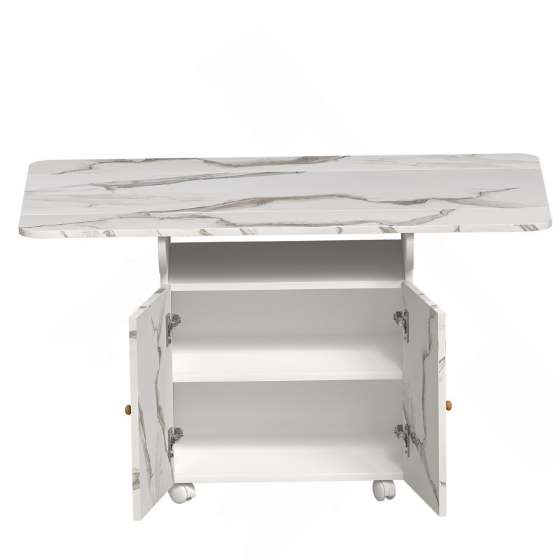 Table de salle à manger pliante en bois de 47 po avec support de rangement et armoire, table d'entrée amovible à 6 roulettes, îlot de cuisine en marbre blanc, table d'appoint et table basse Polyvalente