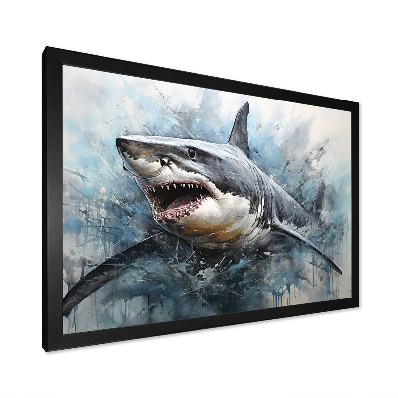 Minimalism Blue Shark Painting - Shark Wall Art, 12" H x 20" W x 1" D, Black Single Picture Framed