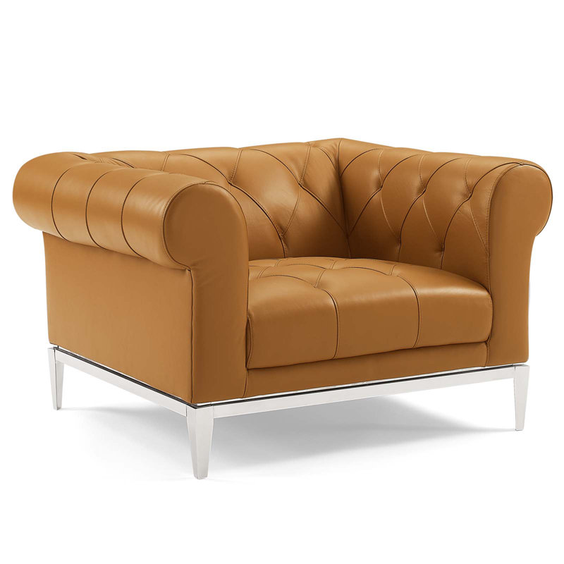 Causeuse et fauteuil capitonnés en cuir Idyll, Cuir assorti brun clair