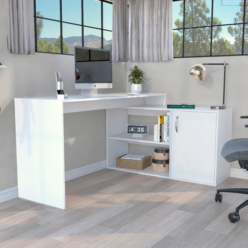 Axis Modern L-Shaped Computer Desk With Open And Closed Storage, For Home Offices And Small Spaces, White