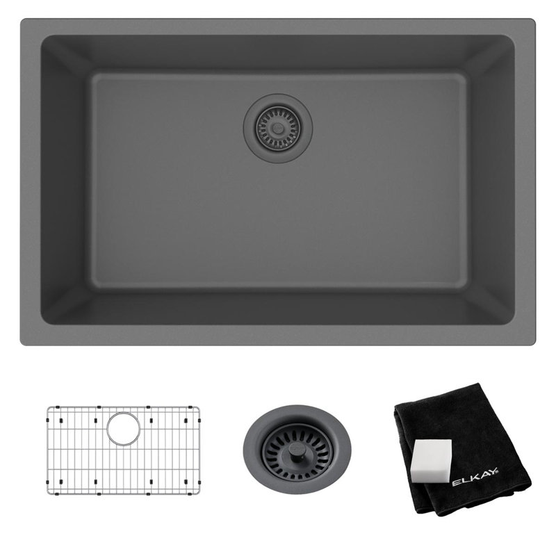 Elkay Quartz Classic 29-1/2" x 18-3/4" x 9-1/2", Single Bowl Undermount Sink Kit, Graphite, Graphite