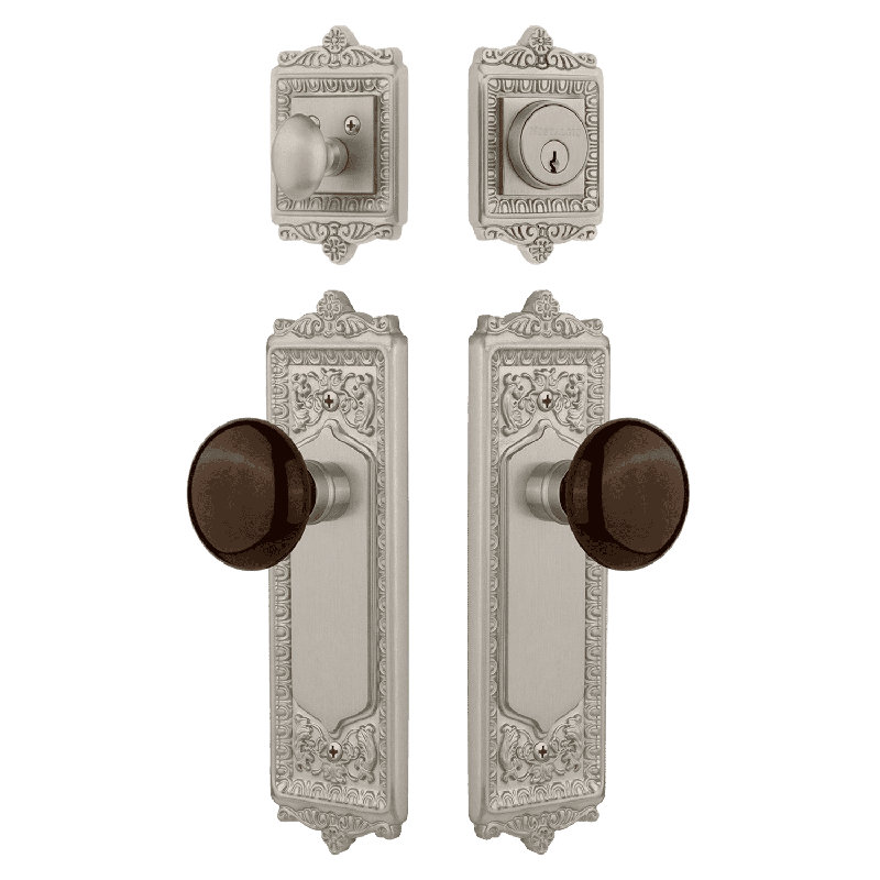 Nostalgic Warehouse Egg & Dart Entry Set with Brown Porcelain Knob, Brown/Antique Brass