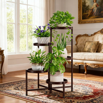 5 Tier Plant Stand Indoor Outdoor, Heavy Duty Metal Spiral Flower Holder Rack With Wide Round Trays, Folding Space Saving Shelf For Multiple Plants
