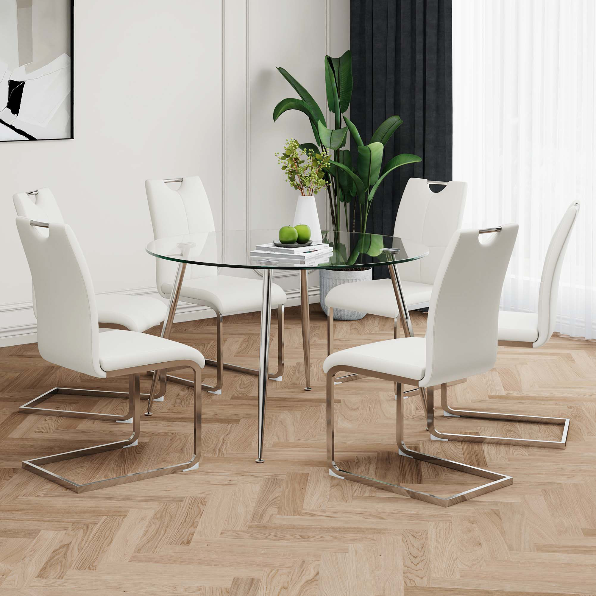 George Oliver Modern Simple Round Glass Dining Table, Solid Tempered