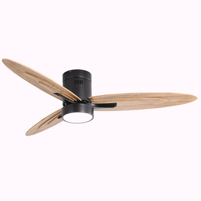 Ventilateur de plafond encastré de 56 pouces de conception moderne avec lumière et télécommande, moteur à courant continu réversible à 3 pales en bois massif noir