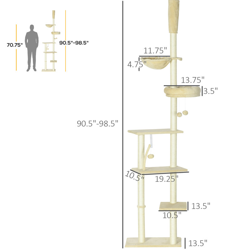Tour pour chat à hauteur réglable avec poteaux à griffer confortables et centre d'activité pour 1 à 2 chats, beige 90,5 "98,5" doux