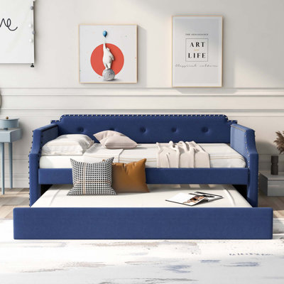 Upholstered Daybed with Trundle, Wood Slat Support,Upholstered Frame Sofa Bed