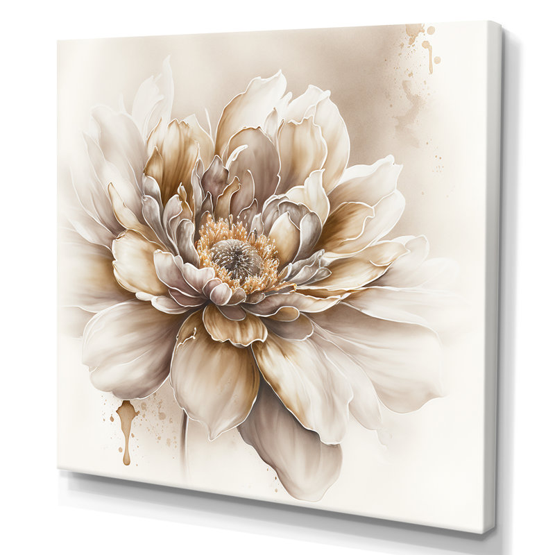 Blooming Beige Floral Design V - Art mural sur toile florale, H 16 po x l 16 po x P 1 po, Toile tendue