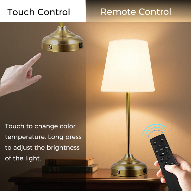Wireless Vintage Table Lamp with 3 Color Temperatures - Rechargeable Dimmable Gold Bedside Lamp, Brass Base & Linen Shade for Bedroom, Living Room