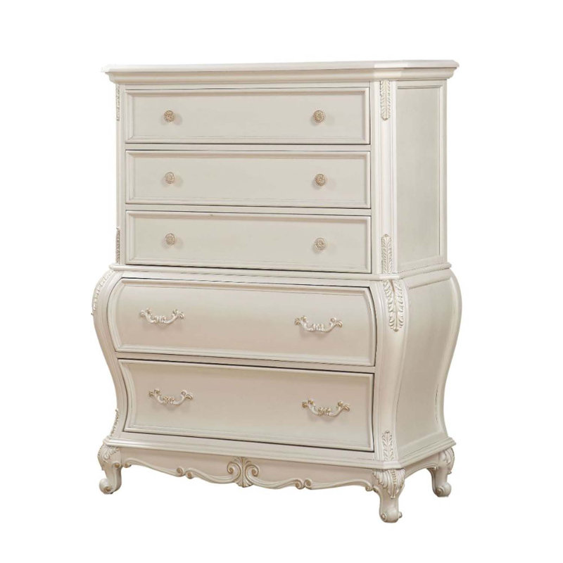 Commode 5 tiroirs Chantelle, finition blanc perle