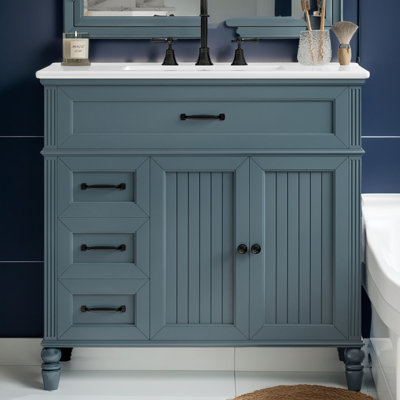 Ensemble de meuble-lavabo rétro 36 po - Lavabo en céramique - Structure en bois d'acacia - Conception rainurée - Compatible avec un robinet de 8 po?