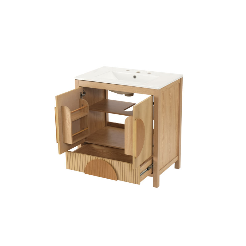 Meuble-lavabo cannelé moderne de 30 pouces avec lavabo intégré et rangement à fermeture en douceur Orinor