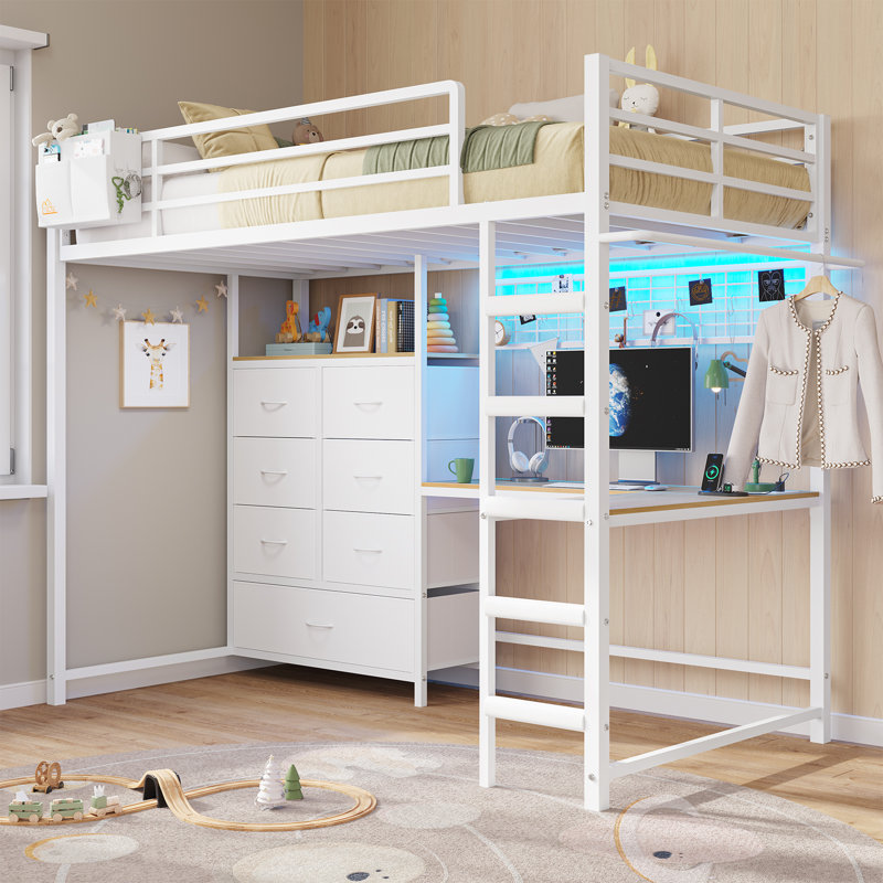 Twin Size Metal Loft Bed for Kids with L-Shaped Desk, 7 Storage Drawers, RGB LED Lights & Charging Station, 13.11" Full-Length Safety Guardrail, Ladder, No Box Spring Needed , White