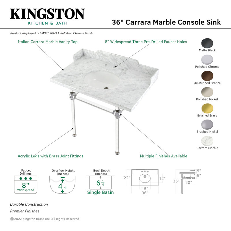 Kingston Brass Pemberton 36-Inch Carrara Marble Console Sink with Acrylic Legs (8-Inch, 3-Hole), White/Matte Black