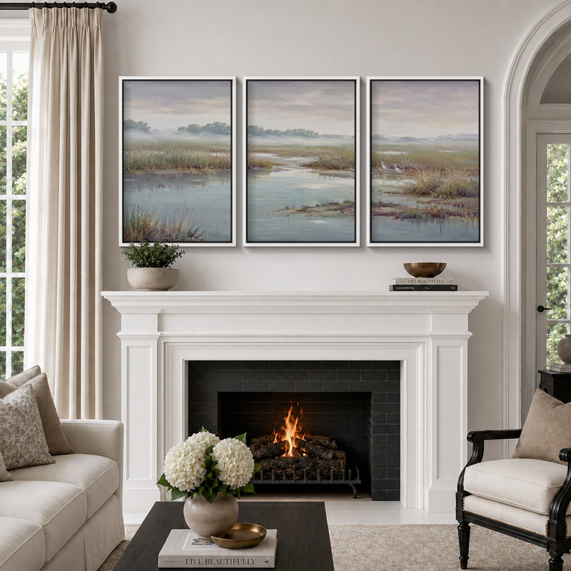 Paysage de marais côtier brumeux avec aigrettes blanches, tableau pour salon, impression giclée sur toile encadrée en 3 parties - 61 x 91 cm x 3 pièces