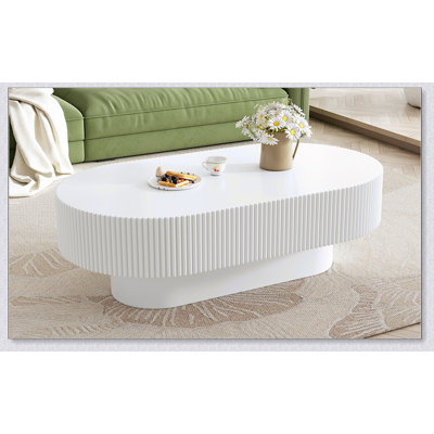 43.3"W Elegant Oval Coffee Table With 6.8"Thick Tabletop, Modern Cream Style Drum End Table, Minimalist Fluted Center Table With Sturdy Base For Living Room, Easy Assembly