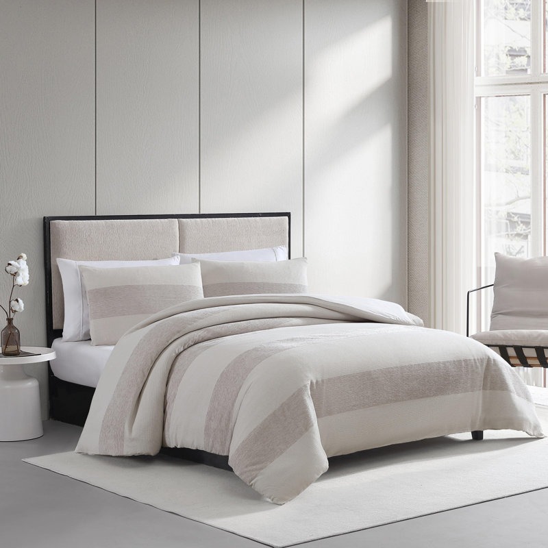 Ensemble d'édredon beige à rayures gaufrées Vera Wang, Grand édredon + 2 taies décoratives standard