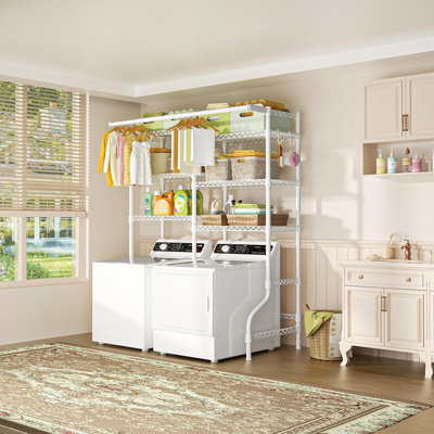 Over Washer And Dryer Storage Shelf With 6 Adjustable Tiers And 2 Hanger Rods, Space Saving Laundry Room Organizer With Anti-tip Safety Device, Durable Steel Construction