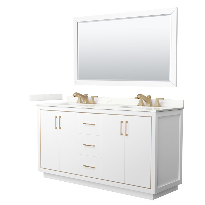 Meuble-lavabo double autoportant 66 po avec plateau en quartz 66 po, Quartz Giotto, Vert clair, Nickel brossé