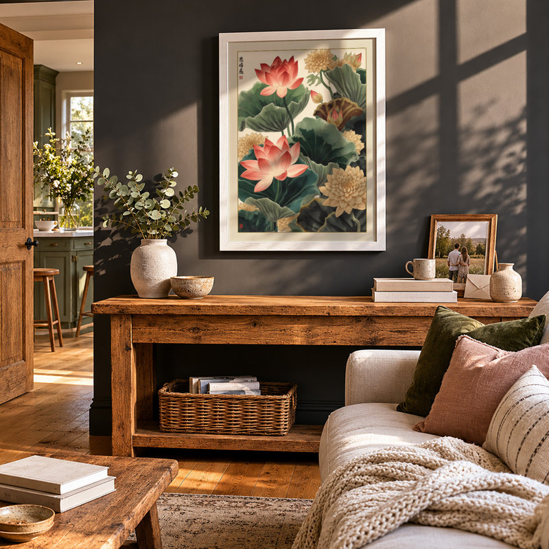 Lotus Bloom in Silence Japandi - Framed Print, A2 - 59.4 x 42.0 cm, White