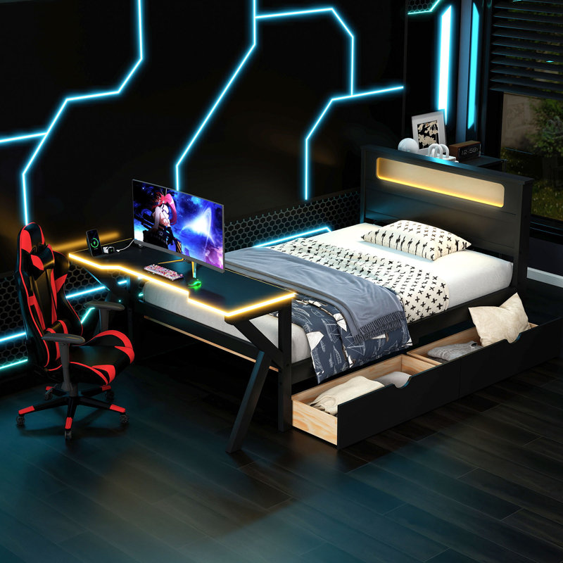 Twin Size Wooden Gaming Platform Bed with LED Headboard, LED Desk, USB and Two Storage Drawers, Black