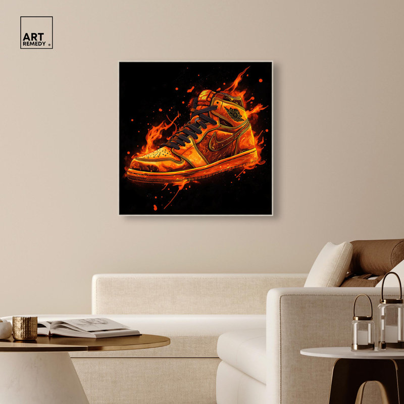 «Jumpman on Fire I», art mural par Art Remedy, H 25 po x l 25 po, Cadre flottant, Argent argent