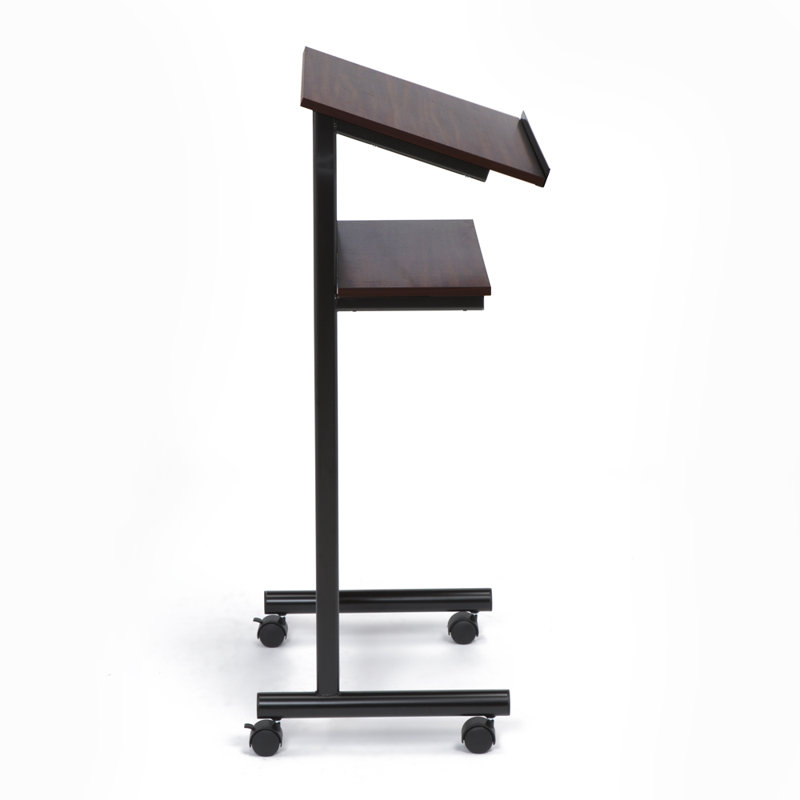 Black and Cherry Metal Standing Desk with Wheels and Shelves