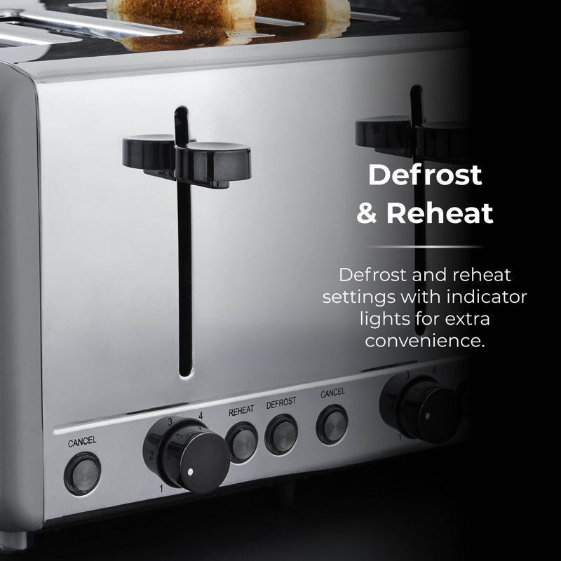 Tower Sera 4 Slice Toaster with 6 Browning and Defrost/Reheat/Cancel Functions, 1800W, Grey