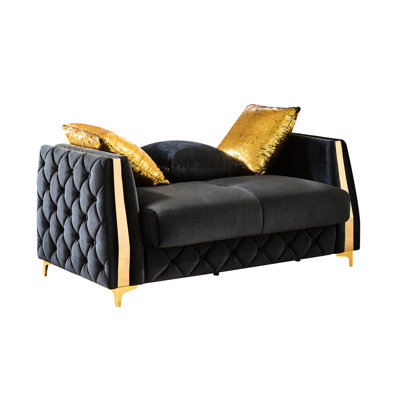 Convertible noir avec pieds dorés en acier inoxydable, mécanisme de lit, compartiments sous le siège, rembourrage en mousse souple et dossier rembourré pour un espace de vie moderne avec une finition pratique,
