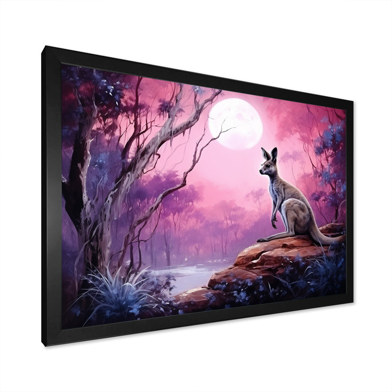 Paysage de kangourou au clair de lune I, Cadre simple noir, H 12 po x l 20 po x P 1 po