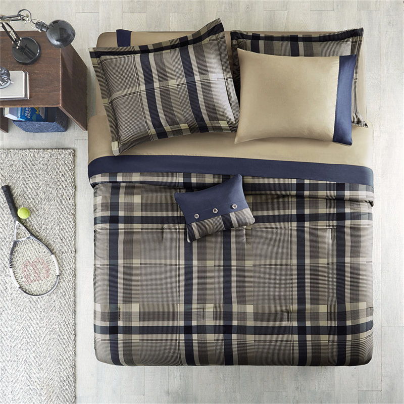 Plaid Comforter Set With Bed Sheets, Queen Comforter + 2 Shams + 1 Pillow