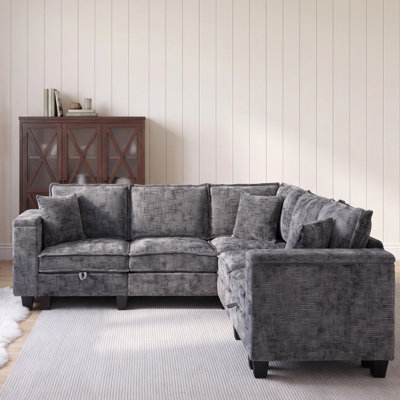 89" Grey Chenille 5‑Seater V‑Shaped & L‑Shaped Sectional Couch with Storage Armrests and 3 Pillows, Sectional Couches for Living Room, Suitable for Apartment