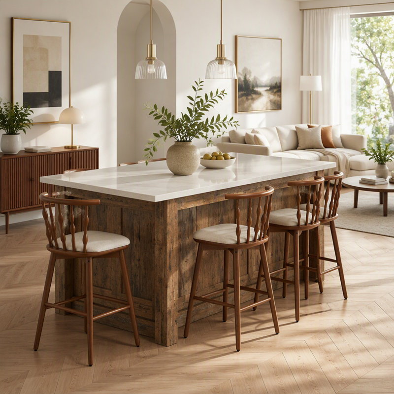 Tabourets de bar d'intérieur Doria en bois, ensemble de 4, alliant design traditionnel et contemporain, Noyer, 4