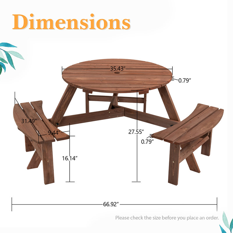 Peddie 6-Person Circular Outdoor Wooden Picnic Table with 3 Built-in Benches, Brown