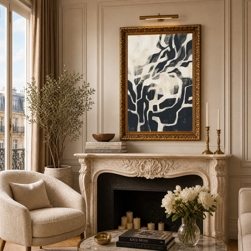 Tableau abstrait noir et crème aux formes ramifiées sur toile, 24"H x 16"W