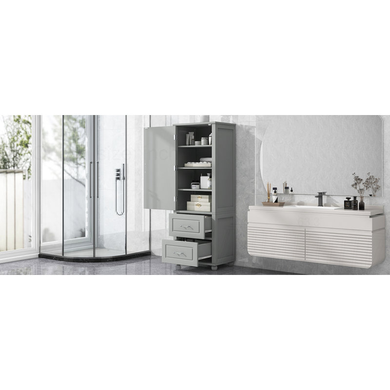 Armoire de rangement autoportante avec deux tiroirs et une tablette réglable, Gris
