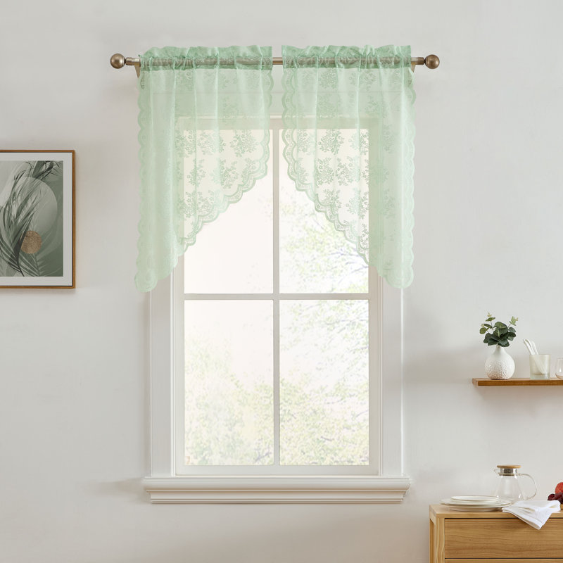 Stefani Floral Rod Pocket Lace Semi Sheer Voile Short Cafe Tiers for Small Windows - 28 x 36 Inch Length - Set of 2