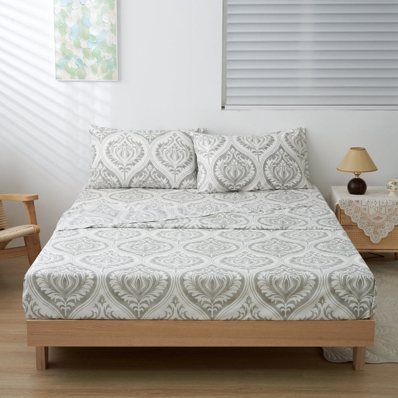 Ensemble de draps à motif lune damassé gris foncé, Ensemble de draps pour très grand lit avec 2 taie