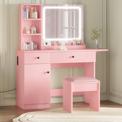 Ensemble de coiffeuse avec miroir et lumières, ensemble de chaises à tiroirs, rose