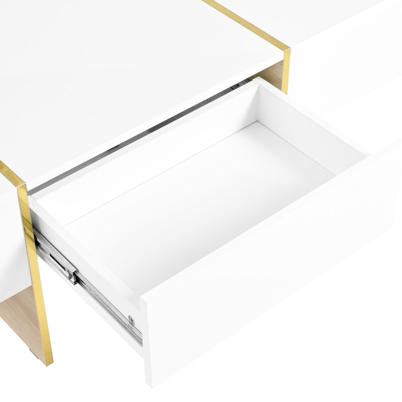 Table basse de salon 47,2 po x 31,4 po avec placage ultrabrillant, 2 tiroirs, pieds dorés, table moderne blanche, 47,2 po 31,4 po, brillant, pieds en grain de bois