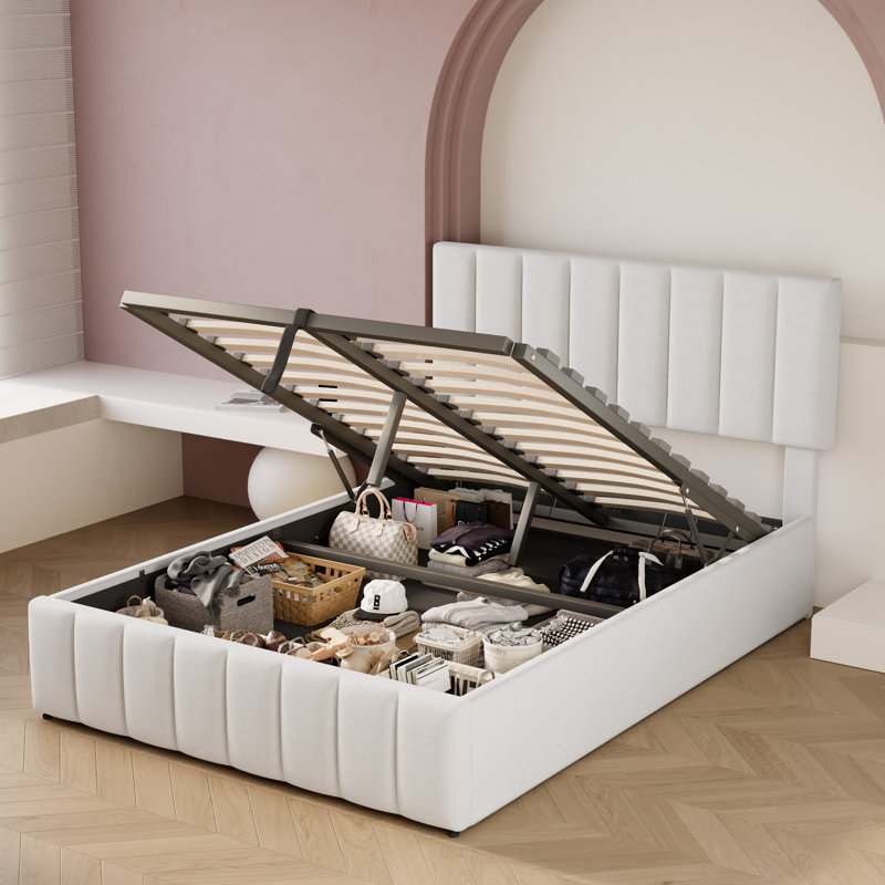 Juhi Upholstered Tufted Linen Platform Bed with Lift-up Storage and Reinforced Slat Support, Full, White