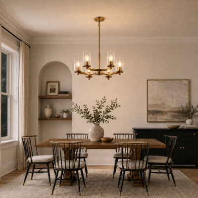 Lustre contemporain 6 lumières Maple Valley, finition or champagne avec verre côtelé transparent, 22 po de largeur, hauteur réglable, compatible DEL
