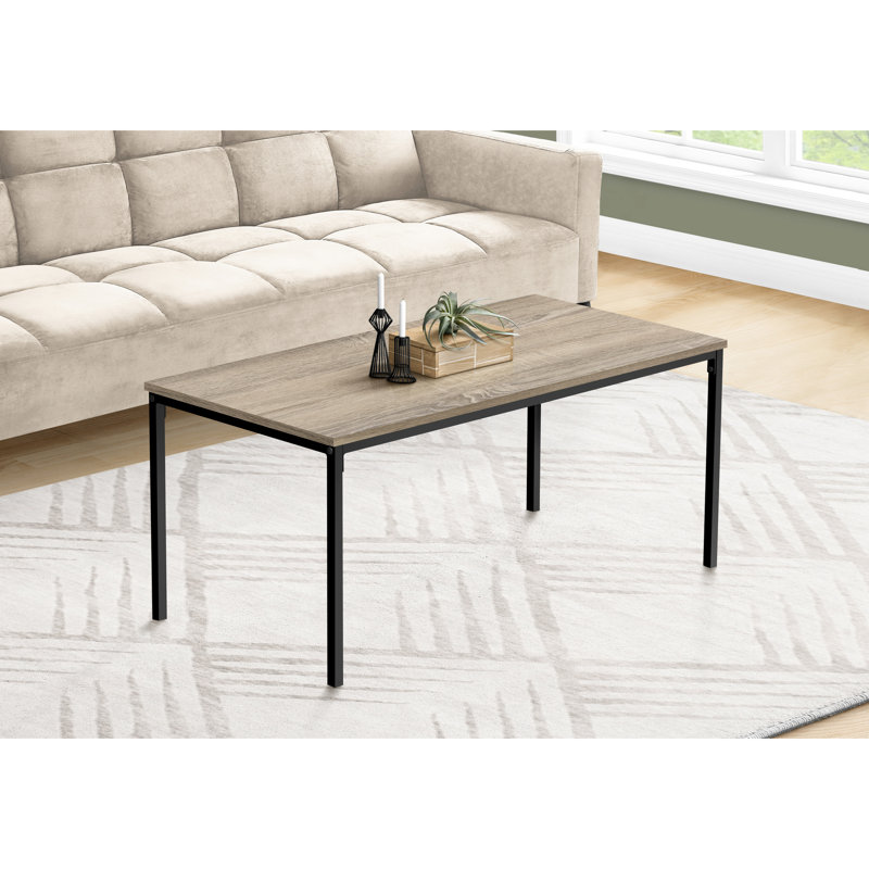 Table basse rectangulaire en stratifié taupe, L 40 po, avec pieds en métal noir, surface de vie contemporaine L 40 po, structure des pieds, aspect moderne