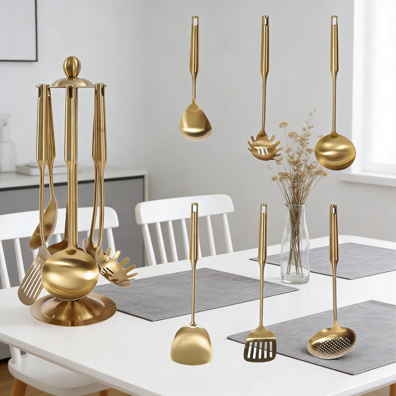 Ensemble d'ustensiles en acier inoxydable plaqué or avec support - 7 pièces d'outils de cuisine professionnels pour la friture, la cuisson et la préparation des aliments - Essentiels de cuisine allant au lave-vaisselle
