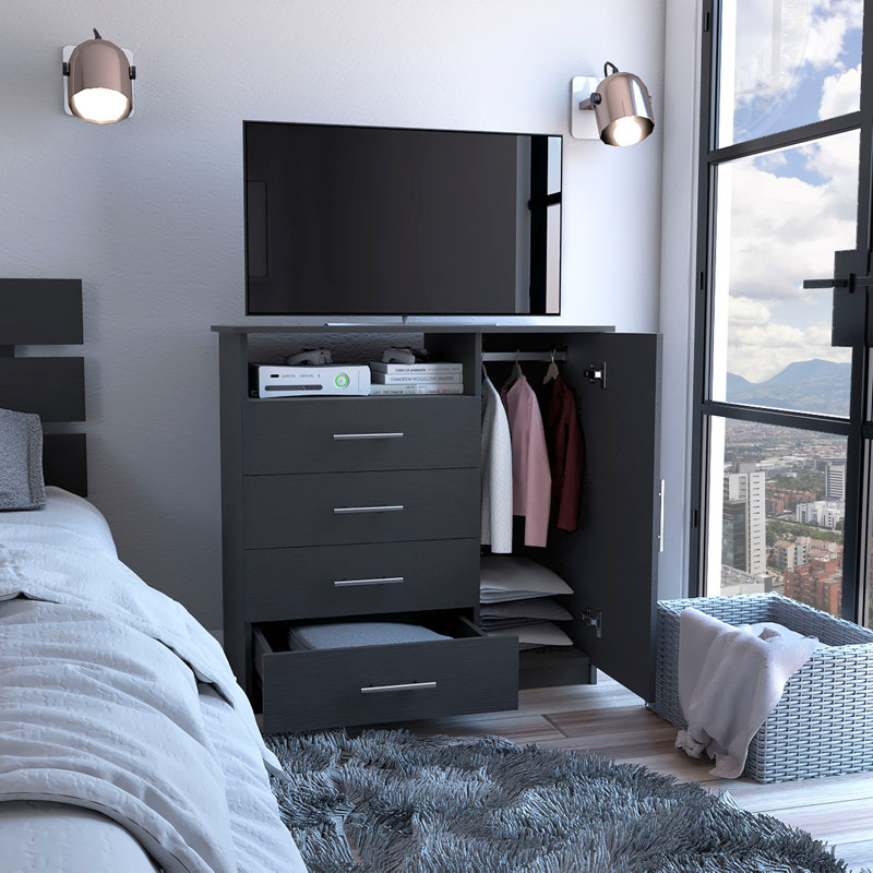 Commode 4 tiroirs, 1 porte ouverte, 1 tablette ouverte, plateau supérieur - Noir, Noir