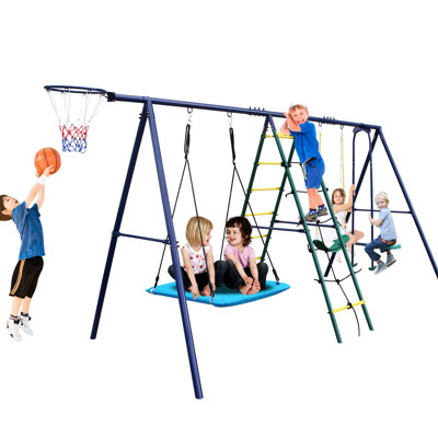 Multicolor Steel 6 In 1 Swing Featuring Climbing , Net, Glider, Swing, Belt Hoop For Backyard - Stable Support, Adjustable Ropes And Simple Installation Outdoor Family Gathering Hoop, A Frame Safe