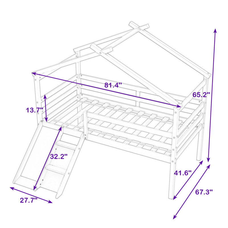 Lit mezzanine simple en bois en forme de maison avec échelle et toboggan, Gris