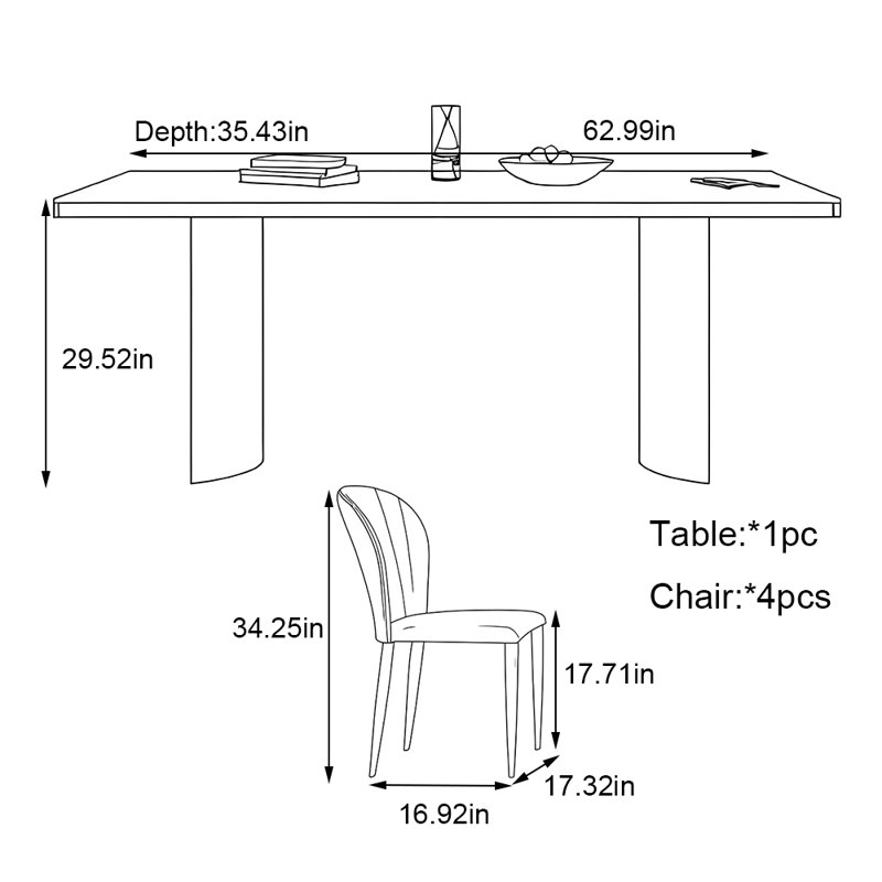 Rectangular modern simple dining table set, 29.52"H x 62.99"L x 35.43"W